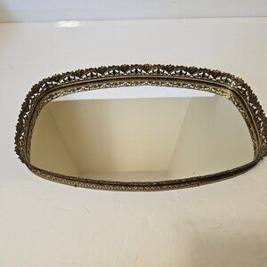 Mirrored Vanity Dresser Tray Gold Tone Metal Filigree Oblong 14"x8" Vintage MCM
